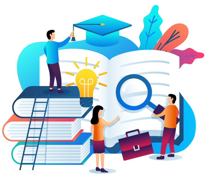The image symbolizes education and knowledge with people around books, a graduation cap, and a light bulb representing ideas.