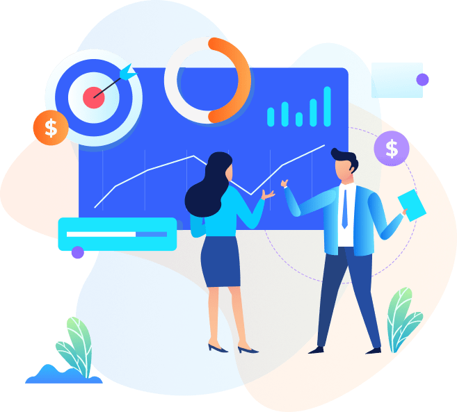 This vibrant illustration features a businesswoman and businessman engaged in a discussion while standing before a colorful screen displaying charts and data. The dynamic composition, with its lively colors and lines, adds energy to the scene. The presence of two dollar signs within the image indicates its relevance to financial or business topics.