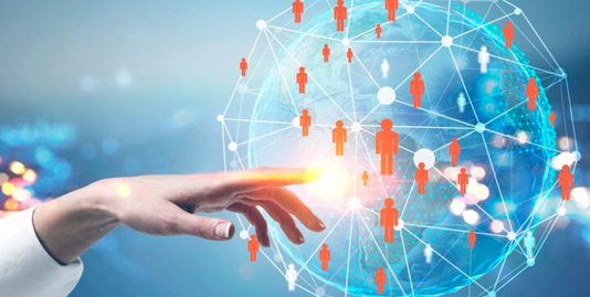 The image portrays a hand touching a blue digital globe symbolizing network connections, with red dots representing people. The blurred background emphasizes the futuristic interaction between hand and globe.